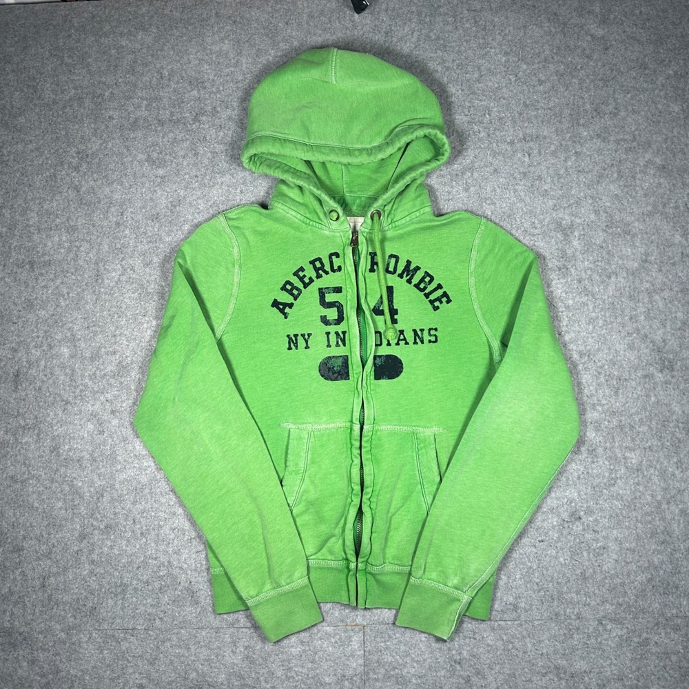 Abercrombie & Fitch Hoodie Mens Medium Green NY Indians Full Zip Y2K Vintage